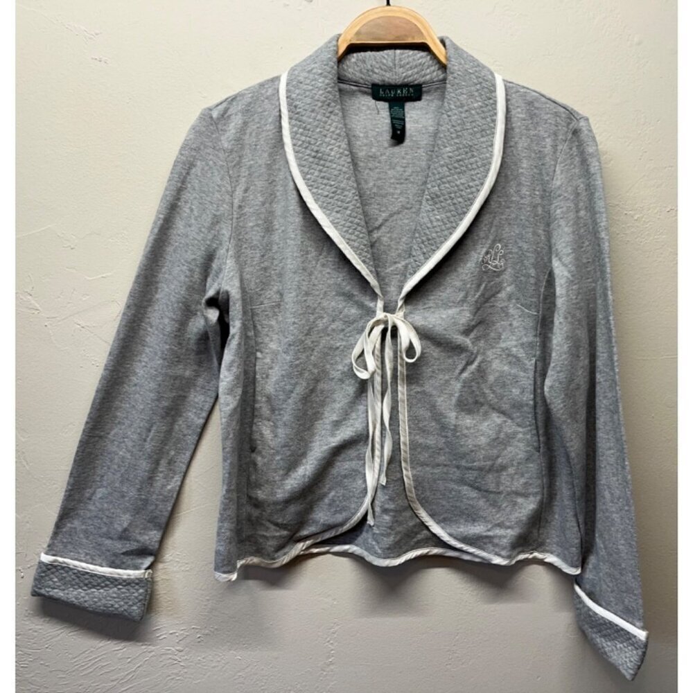 Lauren Ralph Lauren Womens Front Tie Cardigan Gray Quilted Accent Medium Preppy